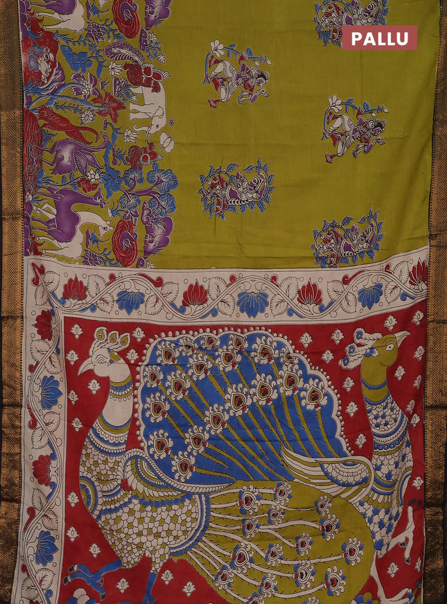 Kalamkari semi silk saree light green and black with allover prints and zari woven border