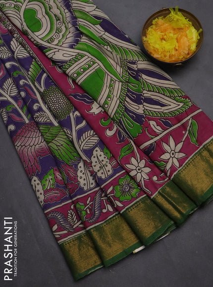 Kalamkari semi silk saree violet pink and green with allover prints and zari woven border