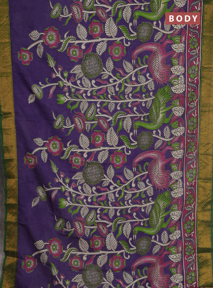 Kalamkari semi silk saree violet pink and green with allover prints and zari woven border