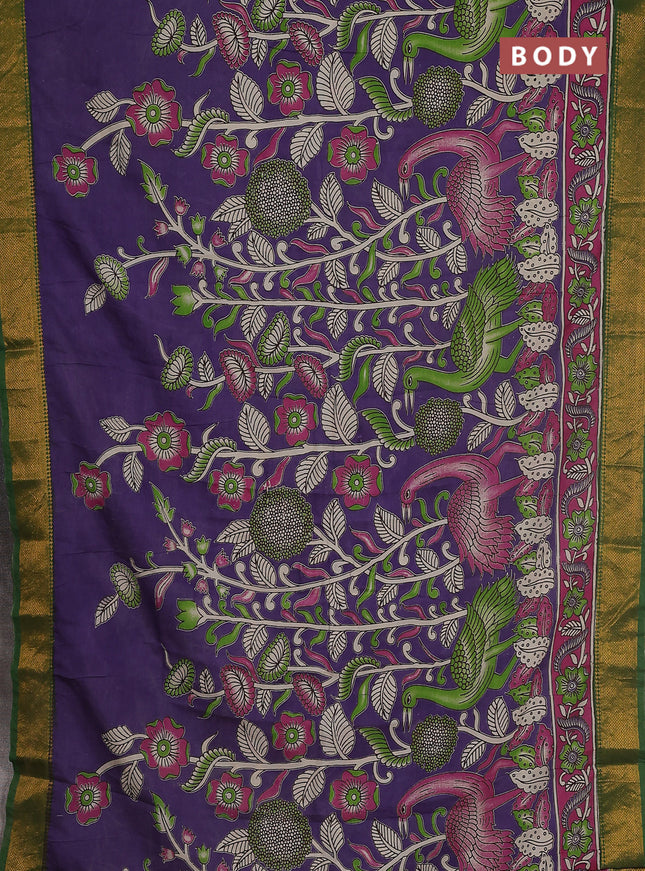 Kalamkari semi silk saree violet pink and green with allover prints and zari woven border