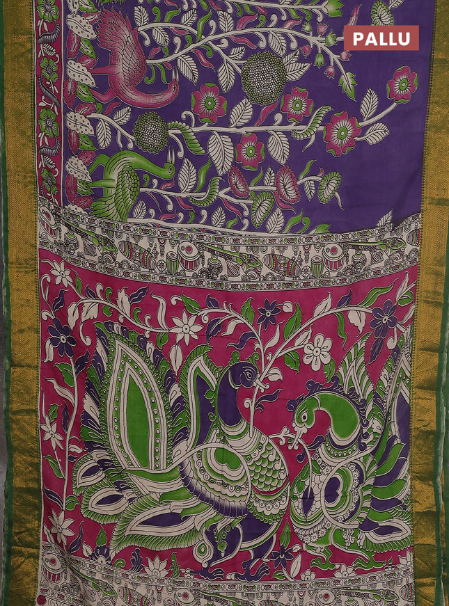 Kalamkari semi silk saree violet pink and green with allover prints and zari woven border
