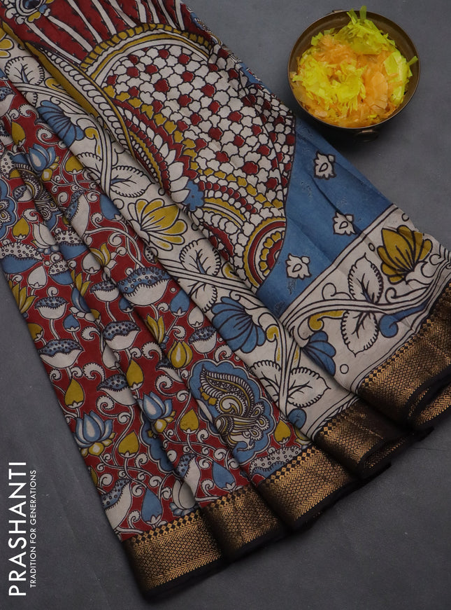 Kalamkari semi silk saree maroon and black with allover prints and zari woven border