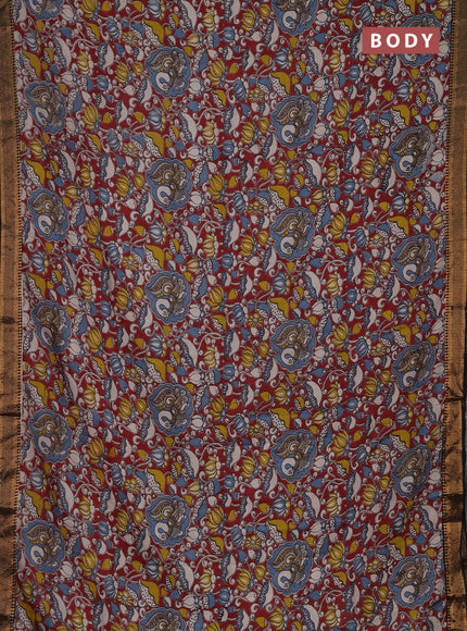 Kalamkari semi silk saree maroon and black with allover prints and zari woven border