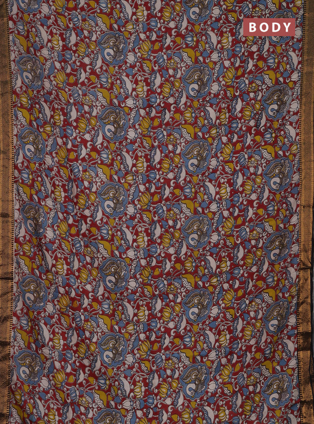 Kalamkari semi silk saree maroon and black with allover prints and zari woven border