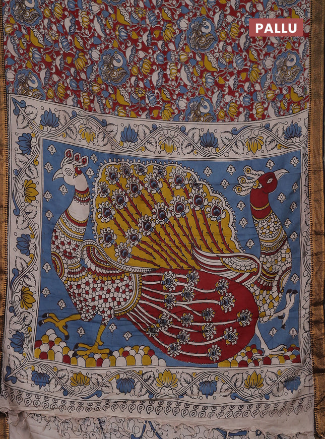 Kalamkari semi silk saree maroon and black with allover prints and zari woven border