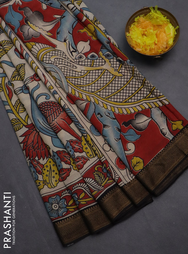 Kalamkari semi silk saree beige and maroon black with allover prints and zari woven border
