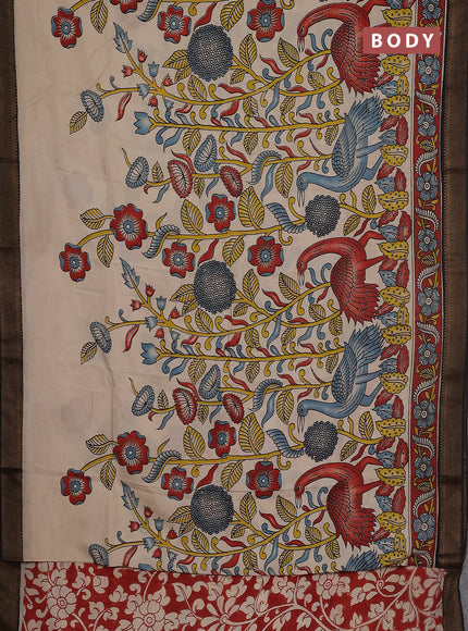 Kalamkari semi silk saree beige and maroon black with allover prints and zari woven border