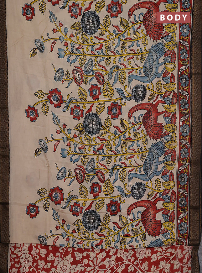 Kalamkari semi silk saree beige and maroon black with allover prints and zari woven border