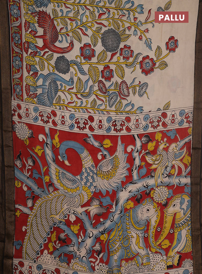 Kalamkari semi silk saree beige and maroon black with allover prints and zari woven border