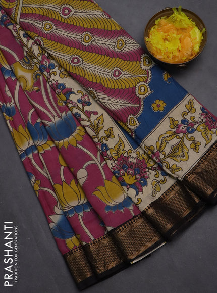 Kalamkari semi silk saree pink and black with allover prints and zari woven border