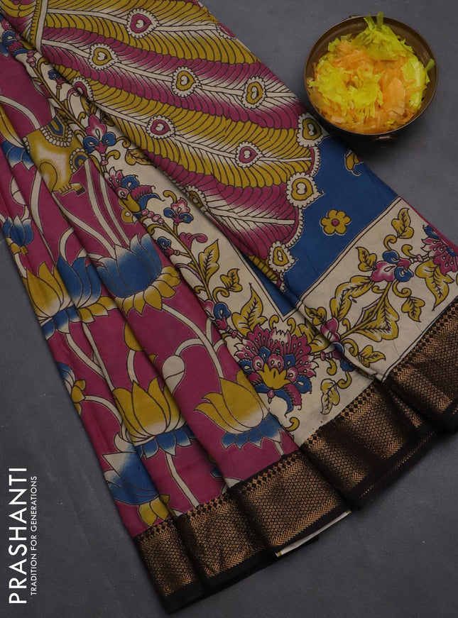 Kalamkari semi silk saree pink and black with allover prints and zari woven border