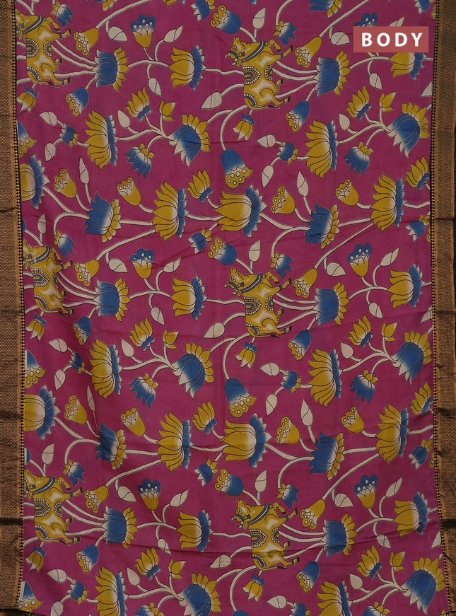 Kalamkari semi silk saree pink and black with allover prints and zari woven border