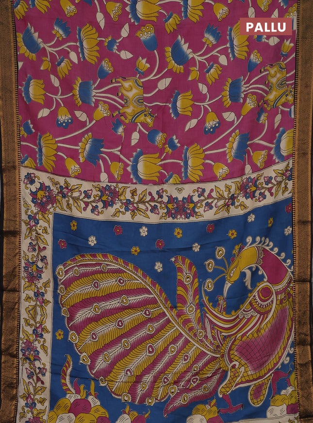 Kalamkari semi silk saree pink and black with allover prints and zari woven border