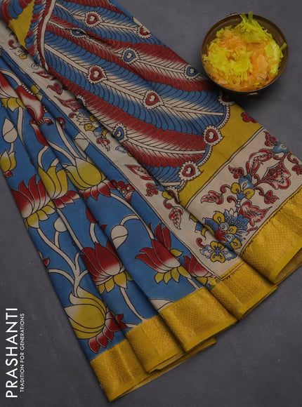 Kalamkari semi silk saree blue and mustard yellow with allover prints and zari woven border