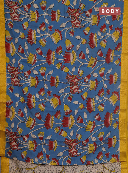Kalamkari semi silk saree blue and mustard yellow with allover prints and zari woven border