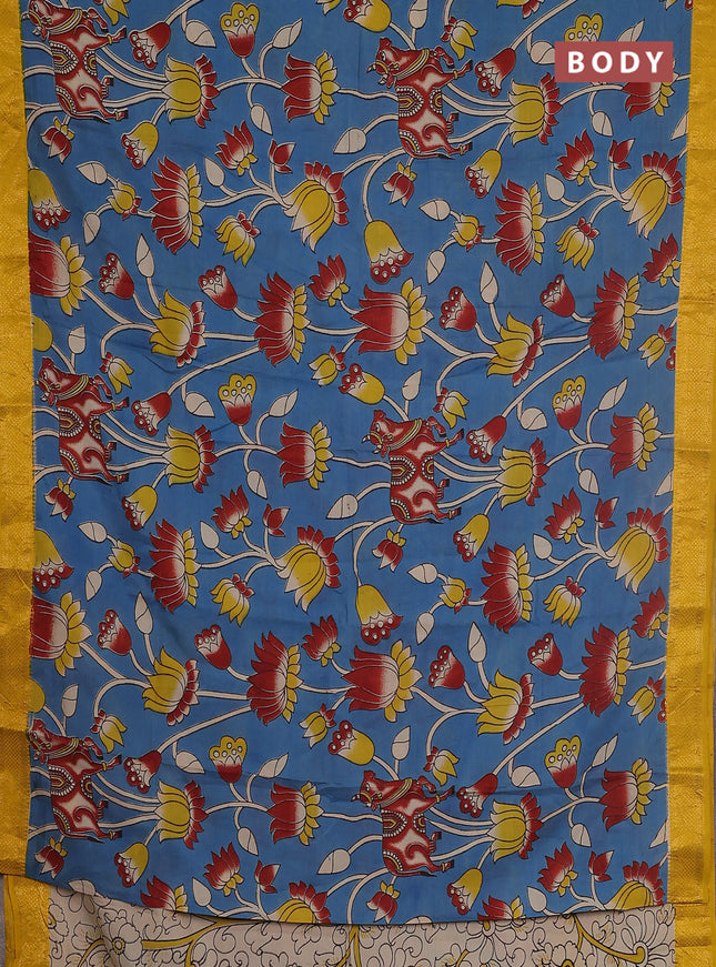 Kalamkari semi silk saree blue and mustard yellow with allover prints and zari woven border