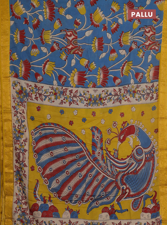 Kalamkari semi silk saree blue and mustard yellow with allover prints and zari woven border