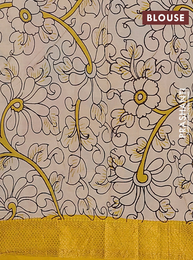 Kalamkari semi silk saree blue and mustard yellow with allover prints and zari woven border
