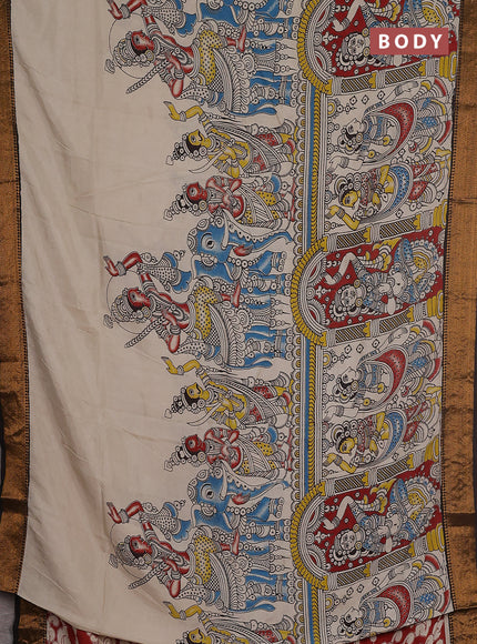 Kalamkari semi silk saree beige and coffee brown with allover prints and zari woven border