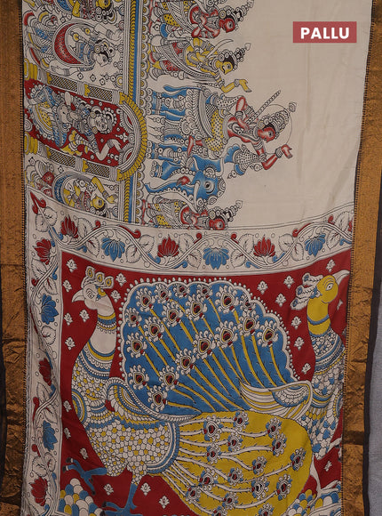 Kalamkari semi silk saree beige and coffee brown with allover prints and zari woven border