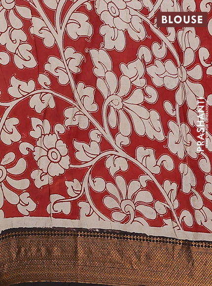 Kalamkari semi silk saree beige and coffee brown with allover prints and zari woven border