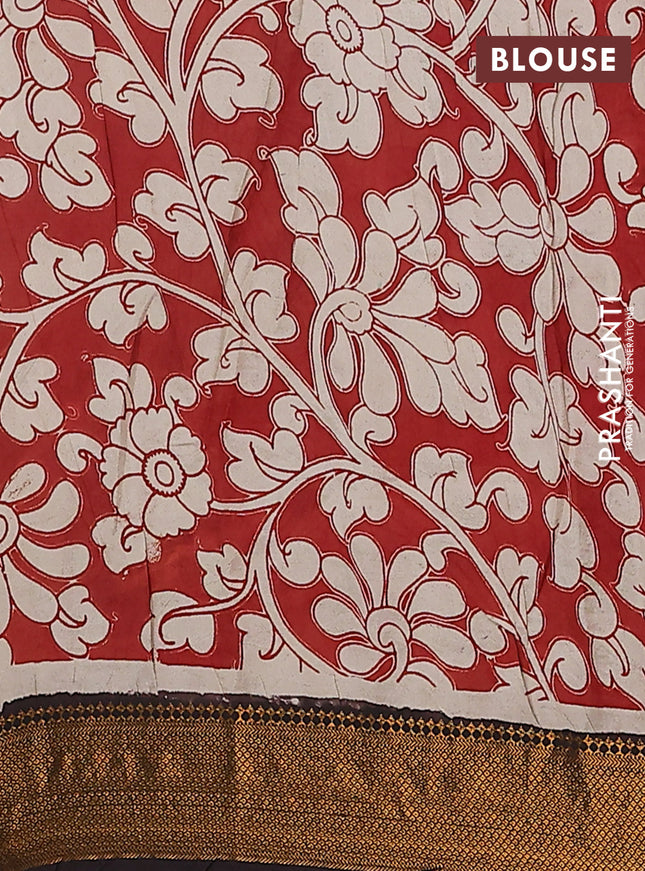 Kalamkari semi silk saree beige and coffee brown with allover prints and zari woven border