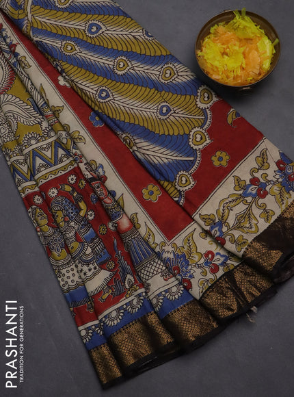 Kalamkari semi silk saree maroon and black with allover prints and zari woven border