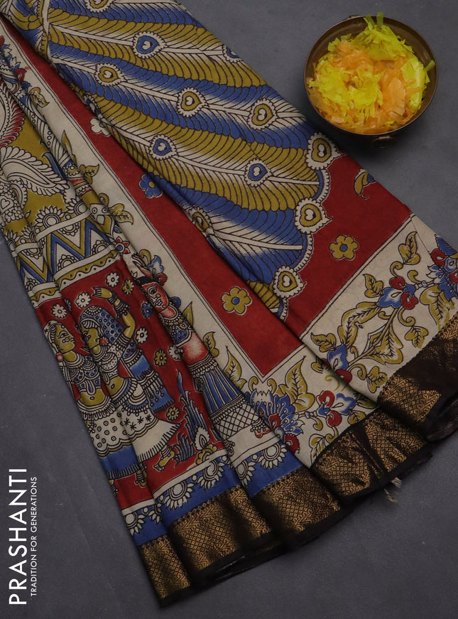 Kalamkari semi silk saree maroon and black with allover prints and zari woven border