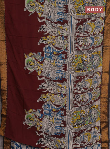 Kalamkari semi silk saree maroon and black with allover prints and zari woven border