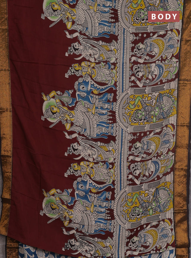 Kalamkari semi silk saree maroon and black with allover prints and zari woven border