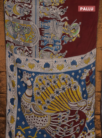 Kalamkari semi silk saree maroon and black with allover prints and zari woven border