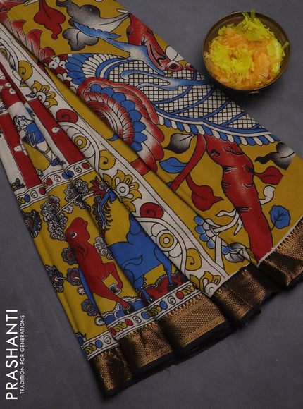 Kalamkari semi silk saree maroon beige and black with allover prints and zari woven border