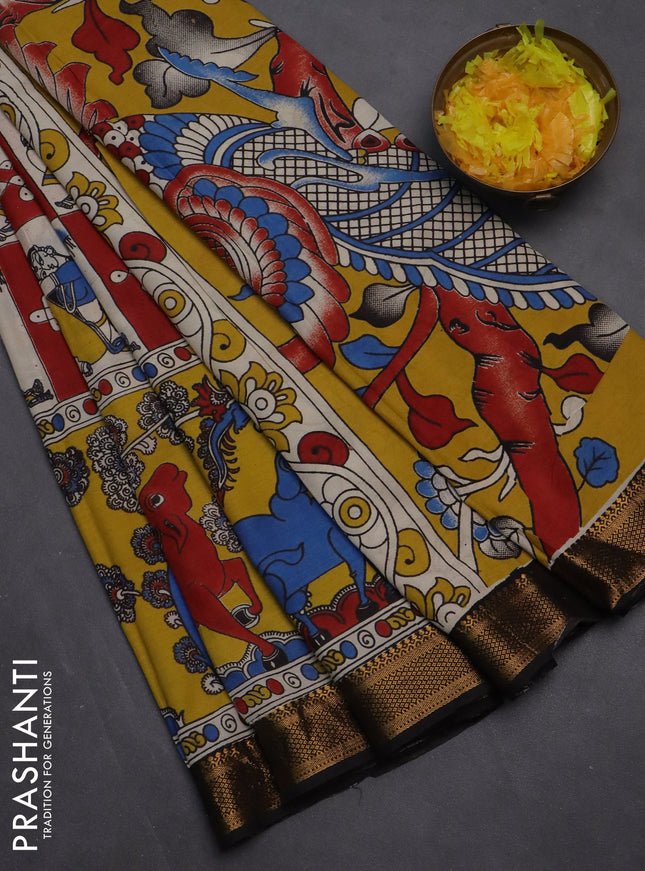 Kalamkari semi silk saree maroon beige and black with allover prints and zari woven border
