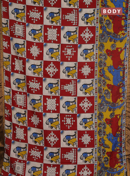 Kalamkari semi silk saree maroon beige and black with allover prints and zari woven border