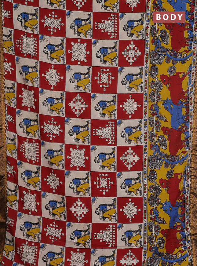Kalamkari semi silk saree maroon beige and black with allover prints and zari woven border