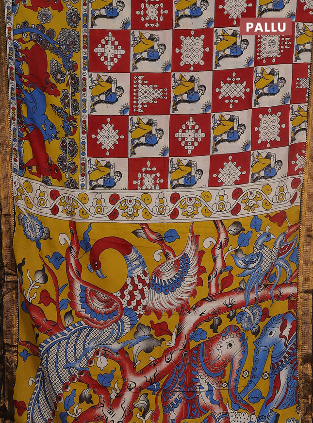 Kalamkari semi silk saree maroon beige and black with allover prints and zari woven border