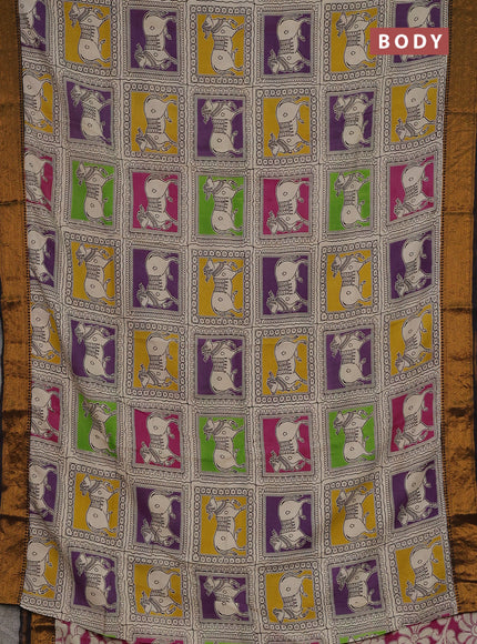 Kalamkari semi silk saree multi colour and black with allover prints and zari woven border