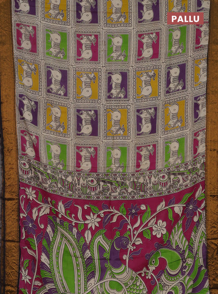 Kalamkari semi silk saree multi colour and black with allover prints and zari woven border