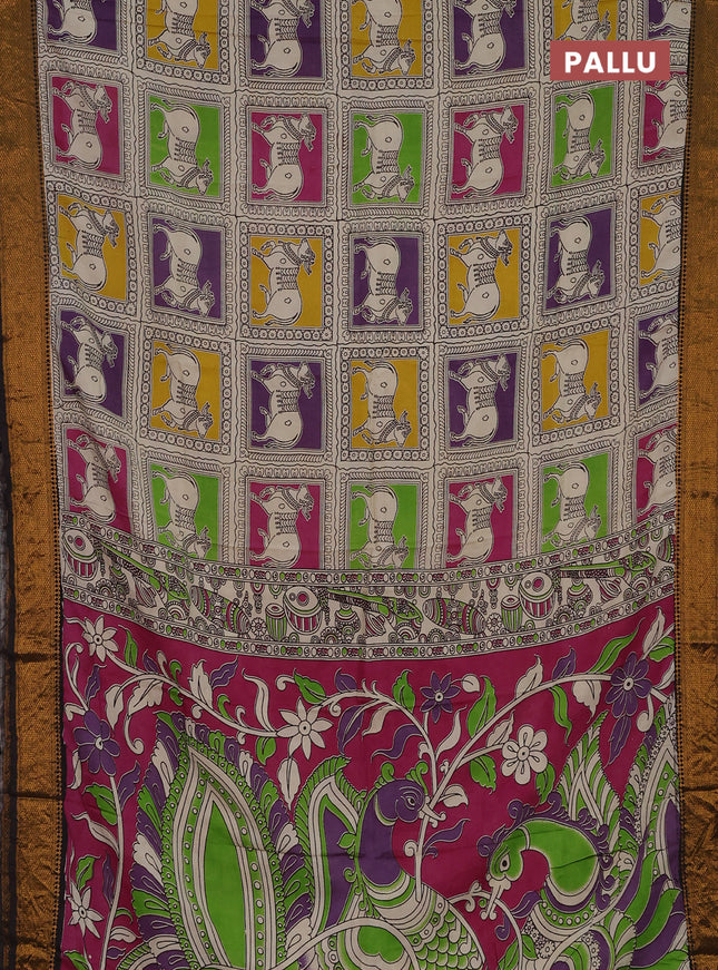 Kalamkari semi silk saree multi colour and black with allover prints and zari woven border