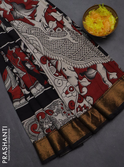 Kalamkari semi silk saree black and beige with allover prints and zari woven border