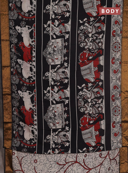 Kalamkari semi silk saree black and beige with allover prints and zari woven border
