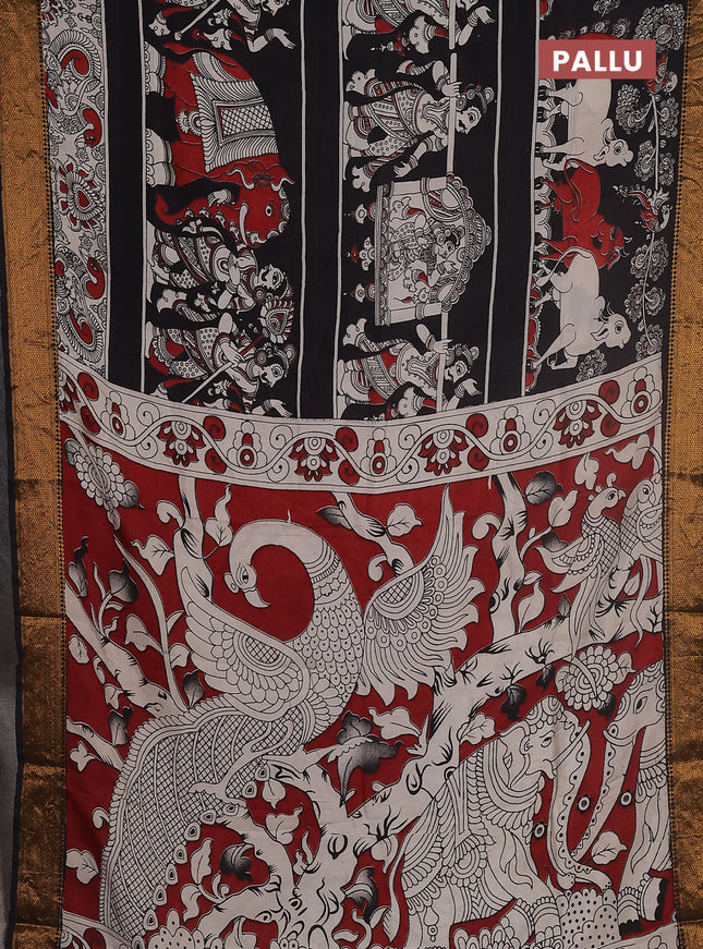 Kalamkari semi silk saree black and beige with allover prints and zari woven border