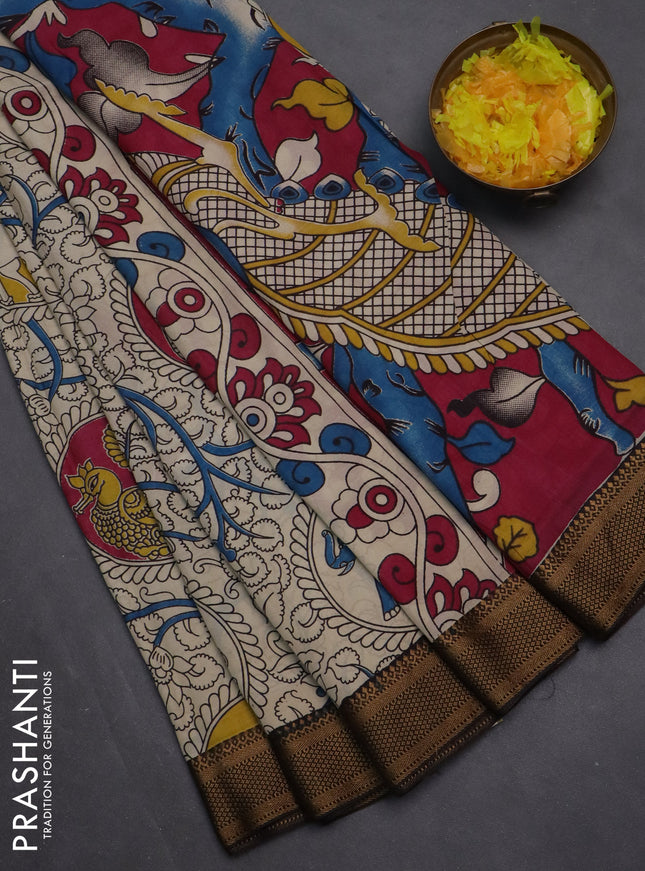 Kalamkari semi silk saree beige and black with allover prints and zari woven border