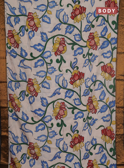 Kalamkari semi silk saree beige and black with allover prints and zari woven border