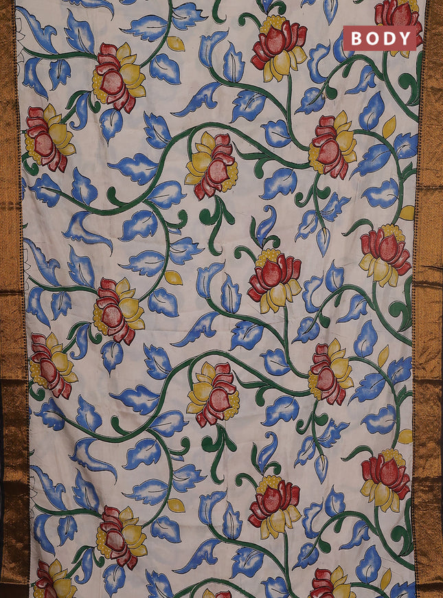 Kalamkari semi silk saree beige and black with allover prints and zari woven border