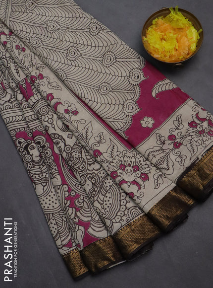 Kalamkari semi silk saree pink and black with allover prints and zari woven border
