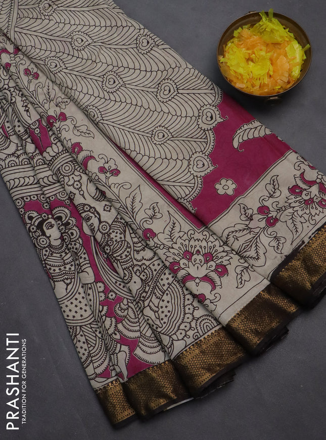 Kalamkari semi silk saree pink and black with allover prints and zari woven border