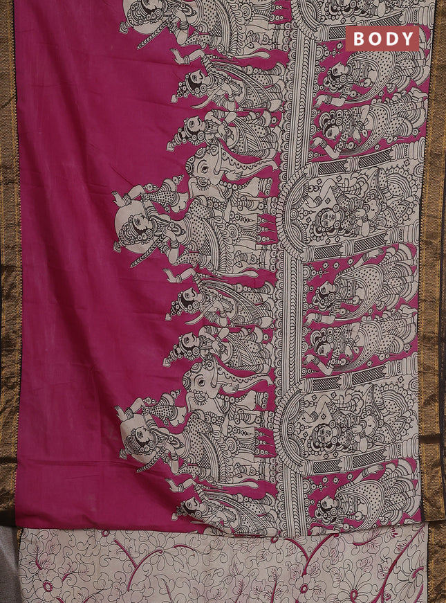 Kalamkari semi silk saree pink and black with allover prints and zari woven border