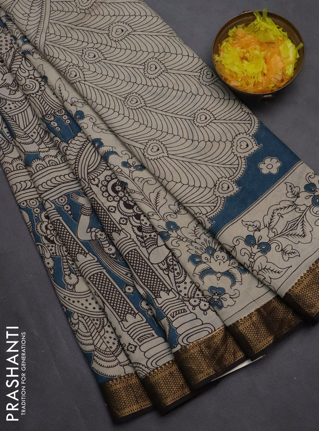 Kalamkari semi silk saree peacock blue and black with allover prints and zari woven border