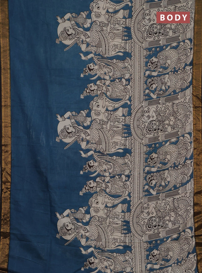 Kalamkari semi silk saree peacock blue and black with allover prints and zari woven border
